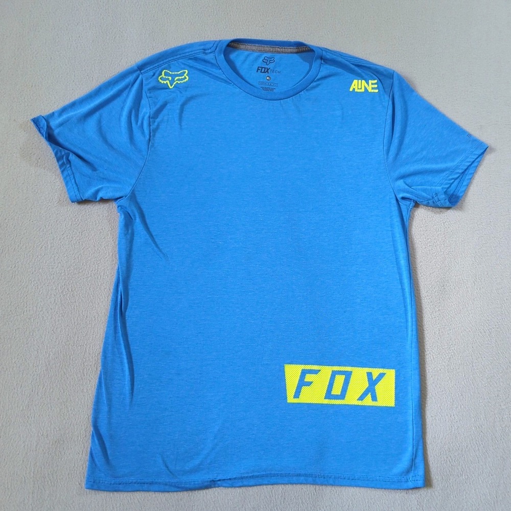 Fox Tech TruDri T-Shirt Mens XL Blue Neon Yellow Graphic Premium Fit Activewear